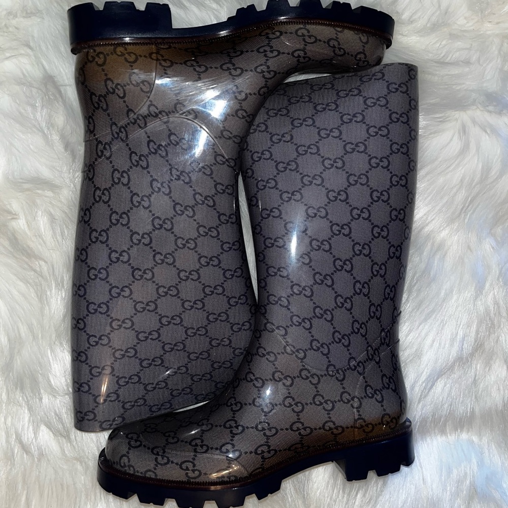 Gucci Women's Blue Rubber Rain Boots with Guccissima Pattern ​248516 8346
